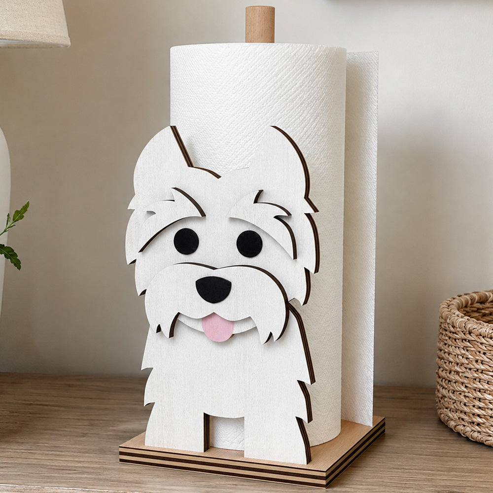 West Highland White Terrier Wooden Dog Paper Towel Holder displayed on a kitchen countertop with a freestanding paper towel roll