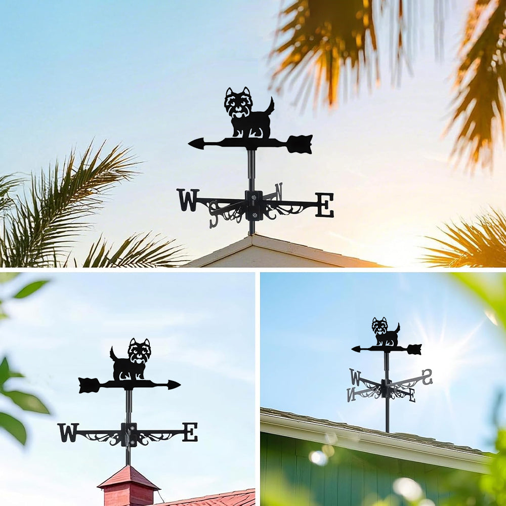 West highland white terrier metal weather vane with directional arrows and mounting rod, outdoor roof and garden decoration
