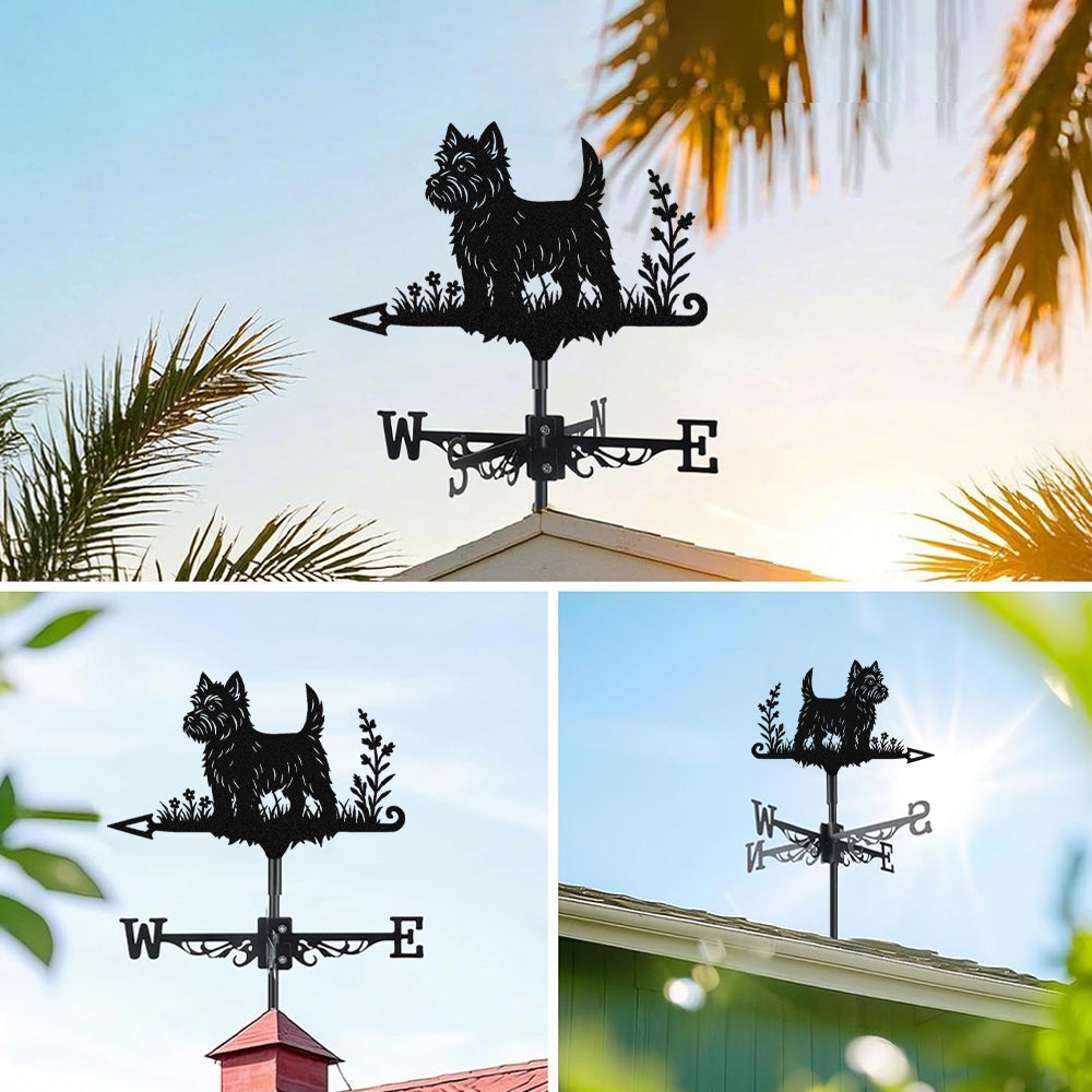 West highland white terrier metal weather vane with directional arrows and mounting rod, outdoor roof and garden decoration