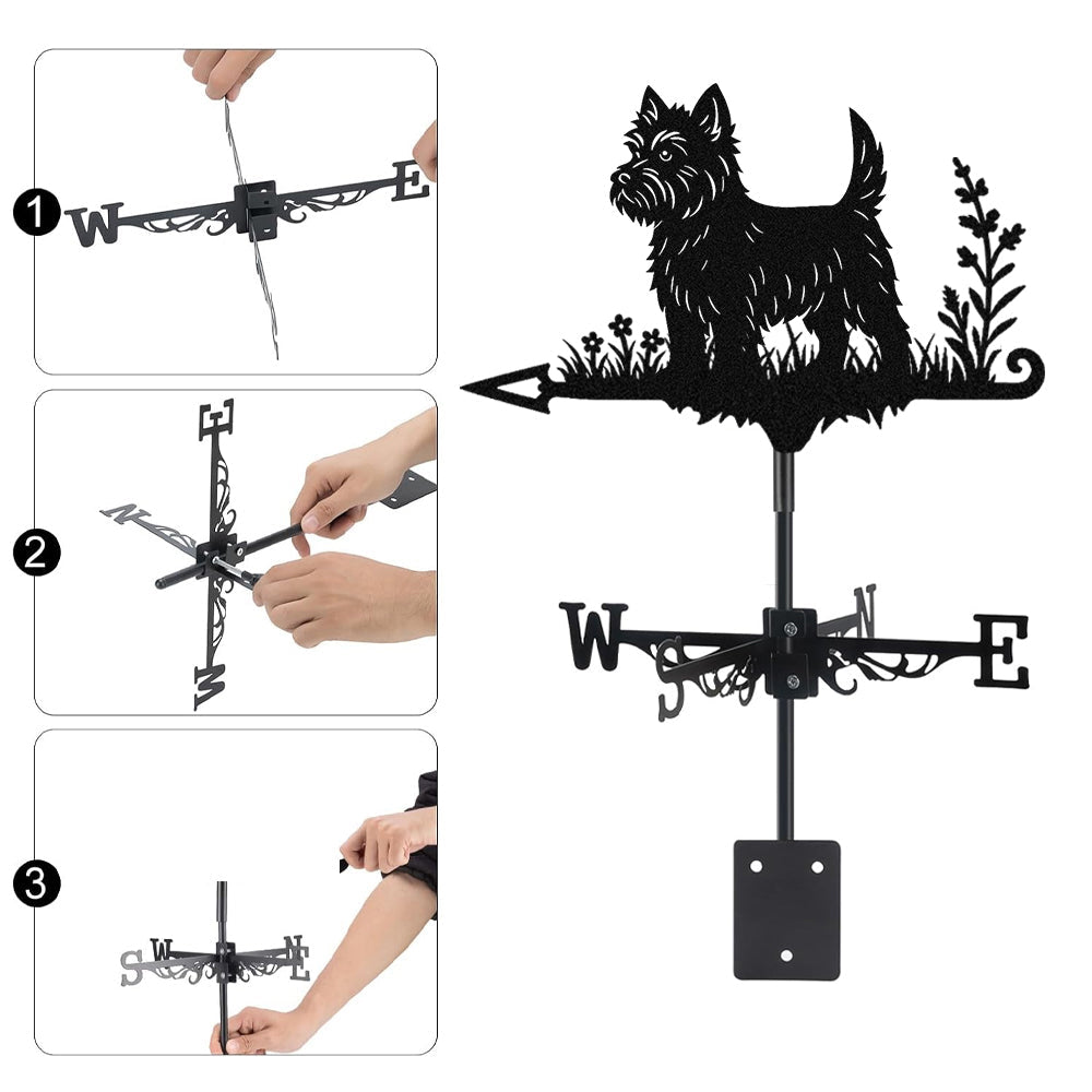 West highland white terrier metal weather vane with directional arrows and mounting rod, outdoor roof and garden decoration