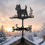 West highland white terrier metal weather vane with directional arrows and mounting rod, outdoor roof and garden decoration