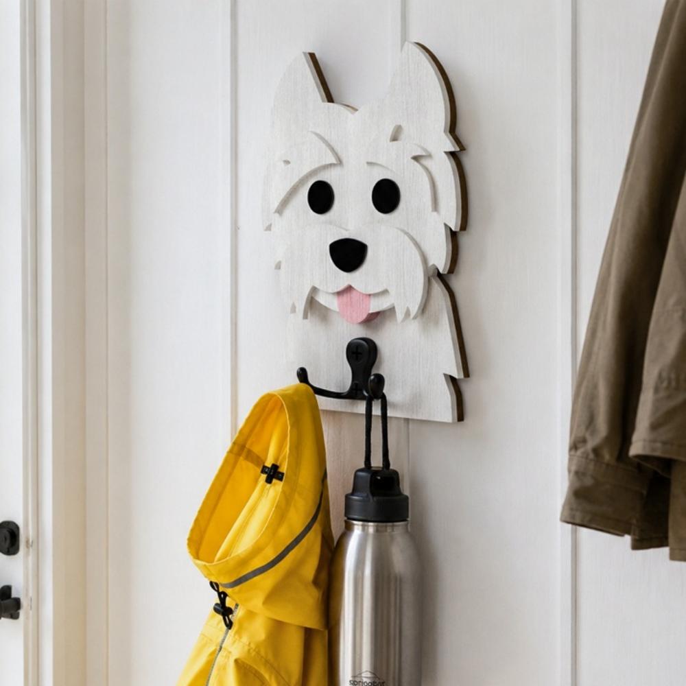 Wooden west highland white terrier dog wall hook key and leash holder for home entryway organizer