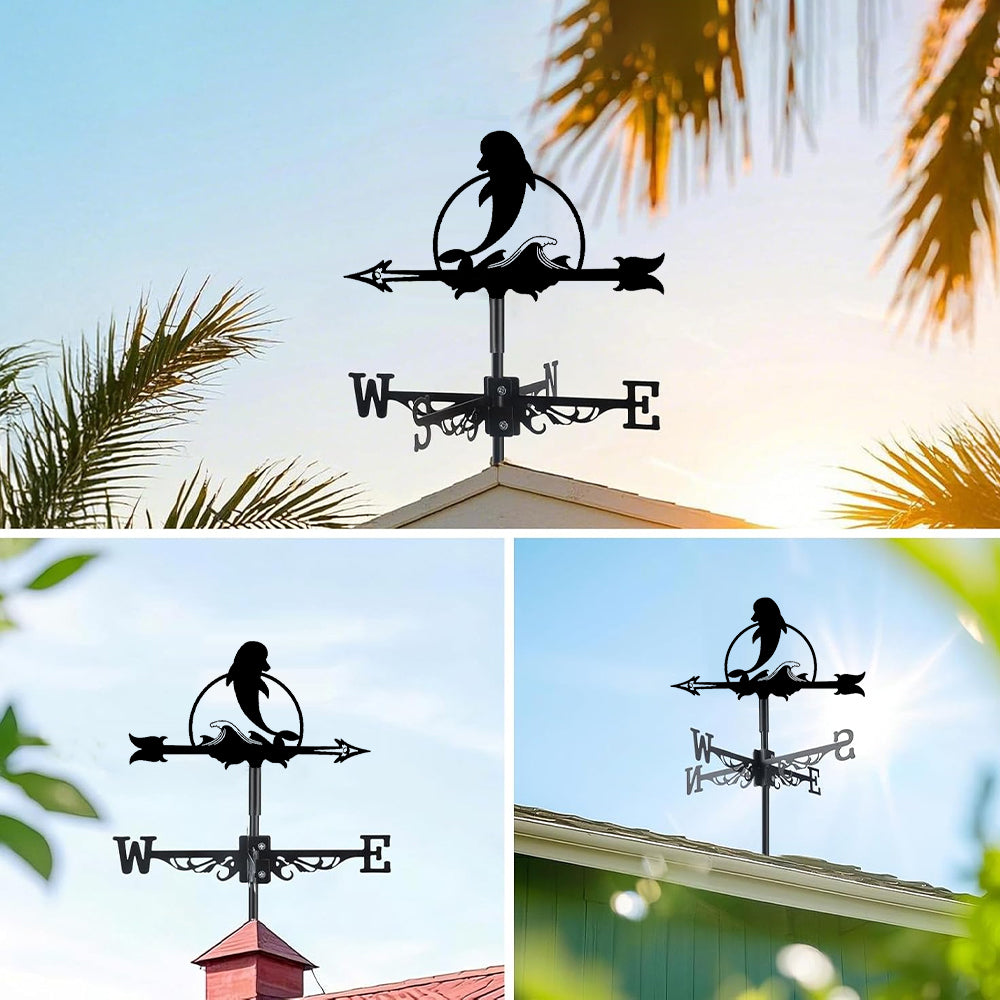 Whale metal weather vane with directional arrows and mounting rod, outdoor roof and garden decoration