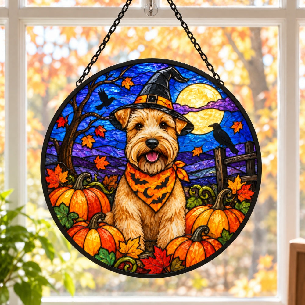 Wheaten Terrier Halloween stained glass suncatcher window hanging, suitable for home and garden decoration