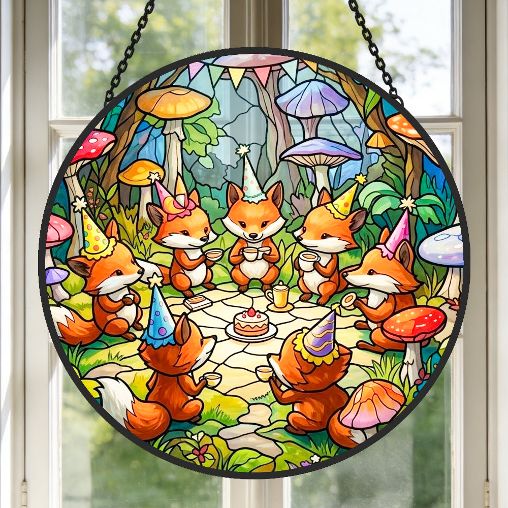 Whimsical fox birthday party stained glass suncatcher window hanging, suitable for home and garden decoration
