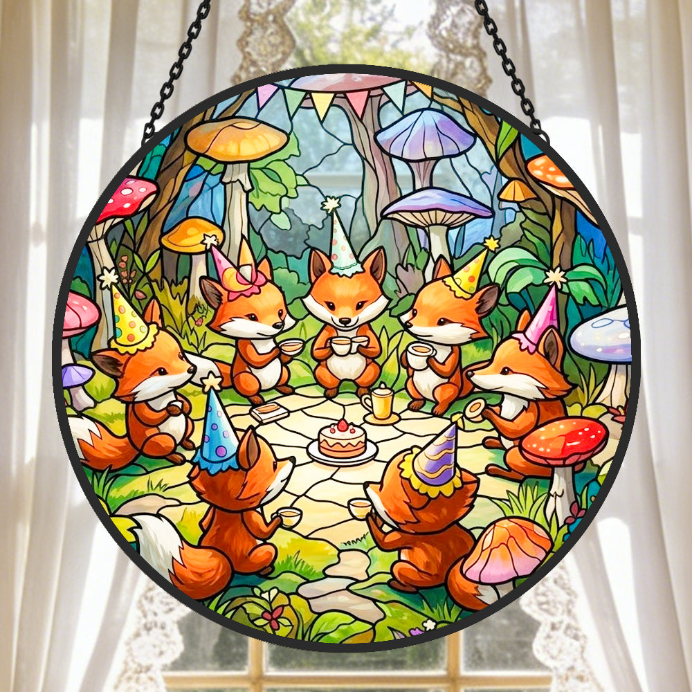 Whimsical fox birthday party stained glass suncatcher window hanging, suitable for home and garden decoration