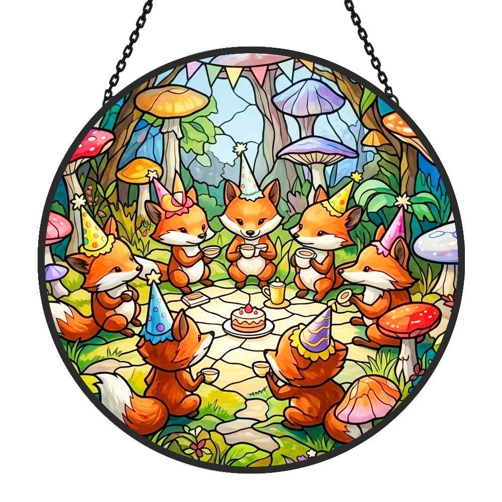 Whimsical fox birthday party stained glass suncatcher window hanging, suitable for home and garden decoration