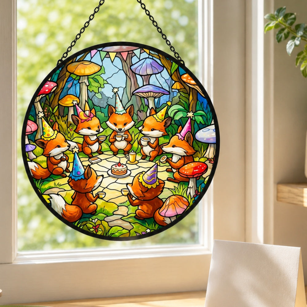 Whimsical fox birthday party stained glass suncatcher window hanging, suitable for home and garden decoration