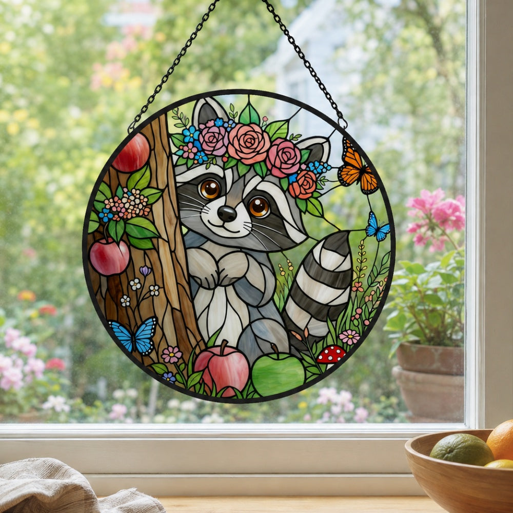 Whimsical raccoon with flower crown stained glass suncatcher window hanging, suitable for home and garden decoration