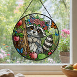 Whimsical raccoon with flower crown stained glass suncatcher window hanging, suitable for home and garden decoration