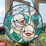 Whimsical smiling baby dolphin pair stained glass suncatcher window hanging, suitable for home and garden decoration