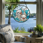Whimsical smiling baby dolphin pair stained glass suncatcher window hanging, suitable for home and garden decoration