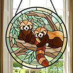 Whimsical tree branch red pandas stained glass suncatcher window hanging, suitable for home and garden decoration