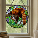 Whimsical upside down red panda stained glass suncatcher window hanging, suitable for home and garden decoration