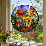Whimsical wild mushroom stained glass suncatcher window hanging, suitable for home and garden decoration