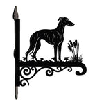 Whippet metal hanging basket bracket mounted on outdoor wall for plant decoration