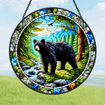Wild black bear mountain stained glass suncatcher window hanging, suitable for home and garden decoration