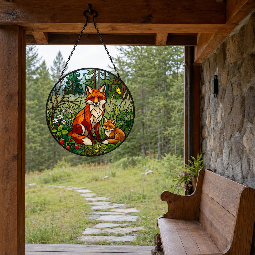 Wild strawberry forest fox family stained glass suncatcher window hanging, suitable for home and garden decoration
