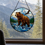 Wilderness bear and soaring eagle stained glass suncatcher window hanging, suitable for home and garden decoration