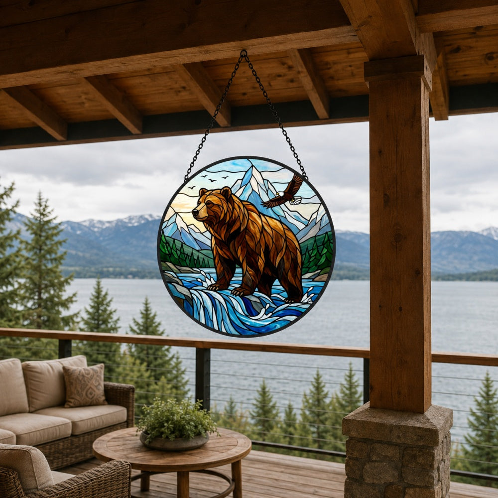 Wilderness bear and soaring eagle stained glass suncatcher window hanging, suitable for home and garden decoration
