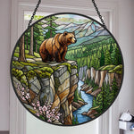 Wilderness mountain river bear stained glass suncatcher window hanging, suitable for home and garden decoration
