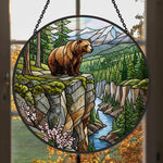 Wilderness mountain river bear stained glass suncatcher window hanging, suitable for home and garden decoration