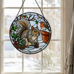 Winter robin and squirrel stained glass suncatcher window hanging, suitable for home and garden decoration