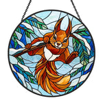 Winter snow playful squirrel stained glass suncatcher window hanging, suitable for home and garden decoration