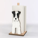 Wire Fox Terrier Wooden Dog Paper Towel Holder displayed on a kitchen countertop with a freestanding paper towel roll