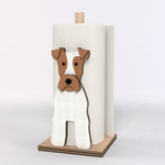 Wire Fox Terrier Wooden Dog Paper Towel Holder displayed on a kitchen countertop with a freestanding paper towel roll