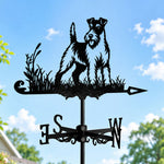 Wire fox terrier metal weather vane with directional arrows and mounting rod, outdoor roof and garden decoration