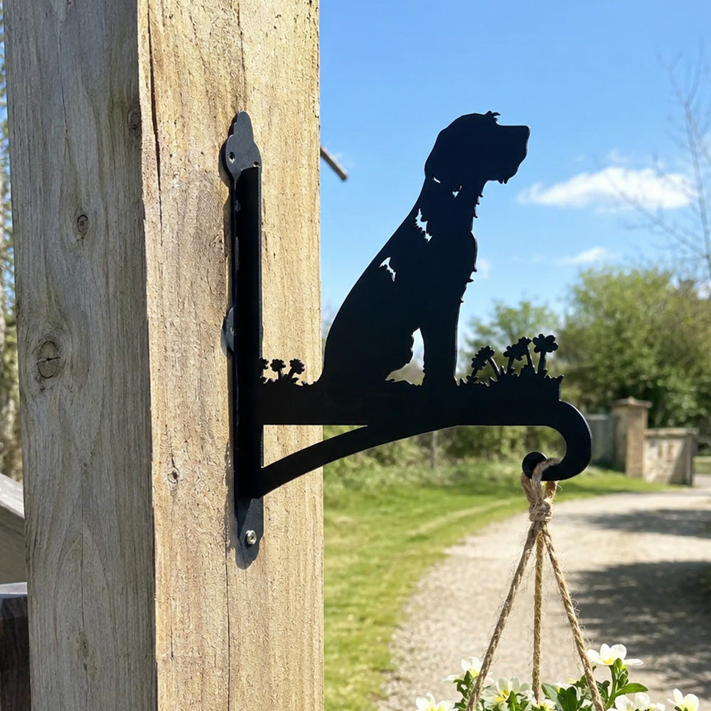 Wirehaired dog metal hanging basket bracket mounted on outdoor wall for plant decoration