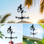 Witch with black cat metal weather vane with directional arrows and mounting rod, outdoor roof and garden decoration