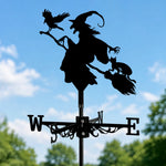 Witch with crow metal weather vane with directional arrows and mounting rod, outdoor roof and garden decoration