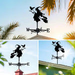 Witch with crow metal weather vane with directional arrows and mounting rod, outdoor roof and garden decoration