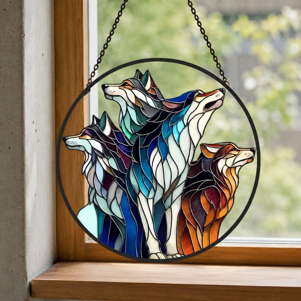 Wolf Pack stained glass suncatcher window hanging, suitable for home and garden decoration