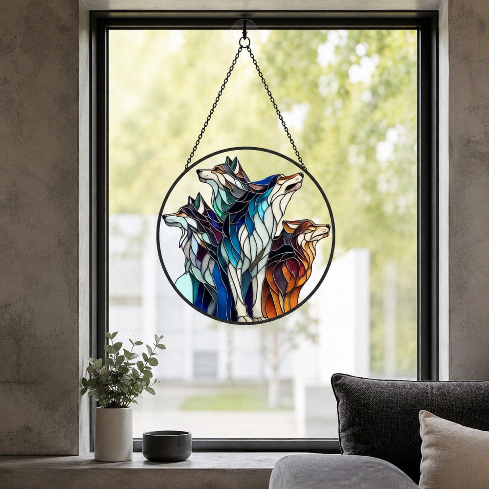 Wolf Pack stained glass suncatcher window hanging, suitable for home and garden decoration