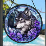 Wolf with purple flowers stained glass suncatcher window hanging, suitable for home and garden decoration