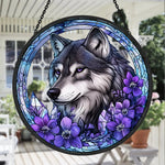 Wolf with purple flowers stained glass suncatcher window hanging, suitable for home and garden decoration
