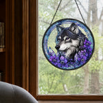 Wolf with purple flowers stained glass suncatcher window hanging, suitable for home and garden decoration