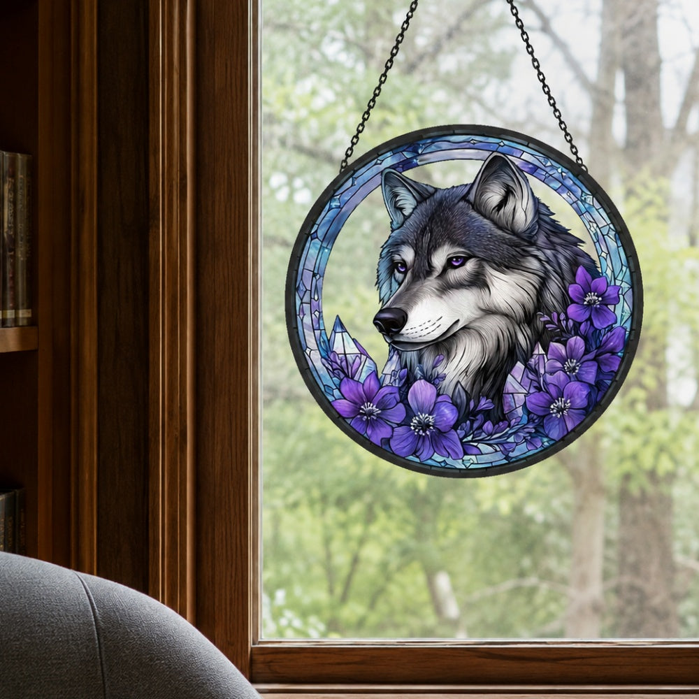 Wolf with purple flowers stained glass suncatcher window hanging, suitable for home and garden decoration