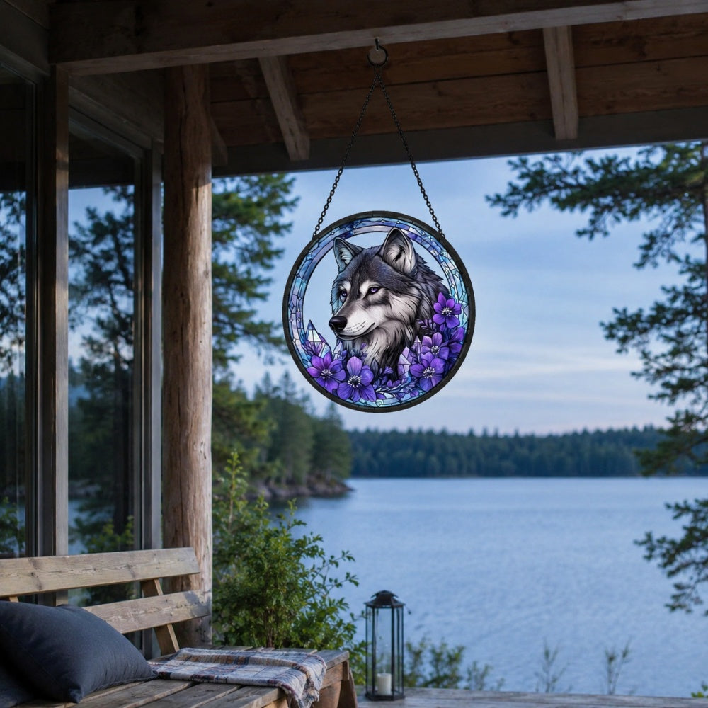 Wolf with purple flowers stained glass suncatcher window hanging, suitable for home and garden decoration