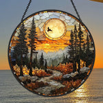 Woodland moon flying bird stained glass suncatcher window hanging, suitable for home and garden decoration