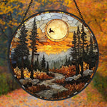 Woodland moon flying bird stained glass suncatcher window hanging, suitable for home and garden decoration
