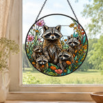Woodland raccoon family stained glass suncatcher window hanging, suitable for home and garden decoration