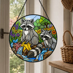 Woodland raccoons by the stream stained glass suncatcher window hanging, suitable for home and garden decoration