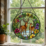 Woodland stag and doe stained glass suncatcher window hanging, suitable for home and garden decoration