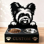 Personalized yorkshire terrier metal dog bowl stand with custom name cutout and two removable feeding bowls