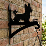 Yorkshire terrier metal hanging basket bracket mounted on outdoor wall for plant decoration