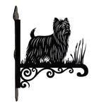 Yorkshire terrier metal hanging basket bracket mounted on outdoor wall for plant decoration